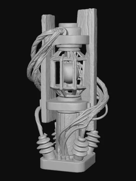 3D model for A **modular power conduit relay**, a freestanding totem of **weathered dark wood** and **heavy, salvaged bronze**. **Bone-colored ceramic insulators** rise from its base, leading to a central **glowing, desaturated amber plasma orb** encased in an open-work **iridescent synthetic cage**. **Faded crimson and deep olive energy transfer lines** snake organically around its form, pulsing faintly. This **Wabi-sabi Cyberpunk installation** is a vital, spiritual nexus of energy.