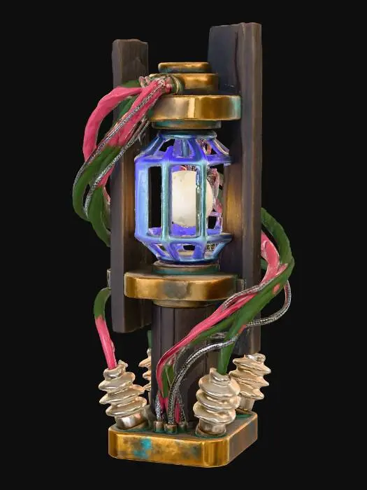 3D model for A **modular power conduit relay**, a freestanding totem of **weathered dark wood** and **heavy, salvaged bronze**. **Bone-colored ceramic insulators** rise from its base, leading to a central **glowing, desaturated amber plasma orb** encased in an open-work **iridescent synthetic cage**. **Faded crimson and deep olive energy transfer lines** snake organically around its form, pulsing faintly. This **Wabi-sabi Cyberpunk installation** is a vital, spiritual nexus of energy.