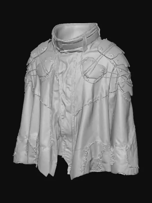 3D model for A **personal stealth cloak**, woven from **iridescent, mottled grey synthetic fibers** that shift color slightly with movement, capable of partial transparency. It's reinforced with **bone-colored, segmented composite plates** resembling overlapping scales, connected by **fine, dark graphite wiring**. Subtle **desaturated electric blue and burnt orange data readouts** are woven into the fabric near the collar, visible only to the wearer. This **Wabi-sabi Cyberpunk garment** offers ancient camouflage with futuristic tech.