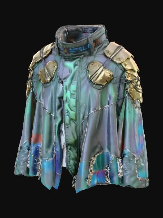 3D model for A **personal stealth cloak**, woven from **iridescent, mottled grey synthetic fibers** that shift color slightly with movement, capable of partial transparency. It's reinforced with **bone-colored, segmented composite plates** resembling overlapping scales, connected by **fine, dark graphite wiring**. Subtle **desaturated electric blue and burnt orange data readouts** are woven into the fabric near the collar, visible only to the wearer. This **Wabi-sabi Cyberpunk garment** offers ancient camouflage with futuristic tech.