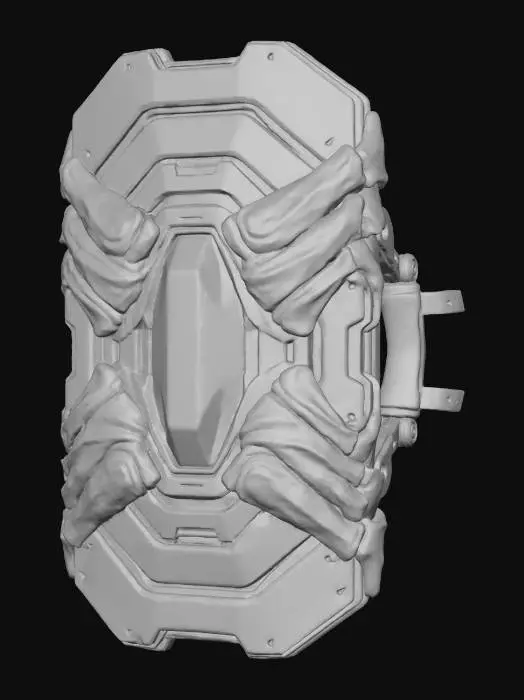 3D model for A **modular assault shield**, crafted from **layered, sand-blasted titanium** and **iridescent, bone-colored chitin plating** that flexes with impact. Its face bears a central **dark obsidian core** that hums with **contained desaturated fuchsia energy**, periodically releasing **faded lime green kinetic pulses**. The back features **heavy, dark graphite bracing** and a **distressed grey leather grip**. This **Wabi-sabi Cyberpunk defense** is both brutal and beautiful, a resilient, multi-hued barrier against the future's dangers.