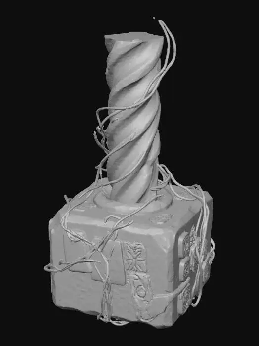 3D model for A **data-shrine beacon**, a freestanding object with a base of **weathered concrete** inlaid with **bone-colored, etched ceramic tiles**. From its center rises a **dark, spiraling obsidian pillar**, which periodically pulses with **desaturated fuchsia and deep sea blue light**, projecting holographic tribal lore. **Faded amber and teal power conduits** snake along its form. This **Wabi-sabi Cyberpunk artifact** blends sacred space with advanced data projection, a vibrant focal point of collective memory.