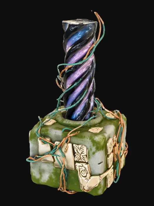 3D model for A **data-shrine beacon**, a freestanding object with a base of **weathered concrete** inlaid with **bone-colored, etched ceramic tiles**. From its center rises a **dark, spiraling obsidian pillar**, which periodically pulses with **desaturated fuchsia and deep sea blue light**, projecting holographic tribal lore. **Faded amber and teal power conduits** snake along its form. This **Wabi-sabi Cyberpunk artifact** blends sacred space with advanced data projection, a vibrant focal point of collective memory.