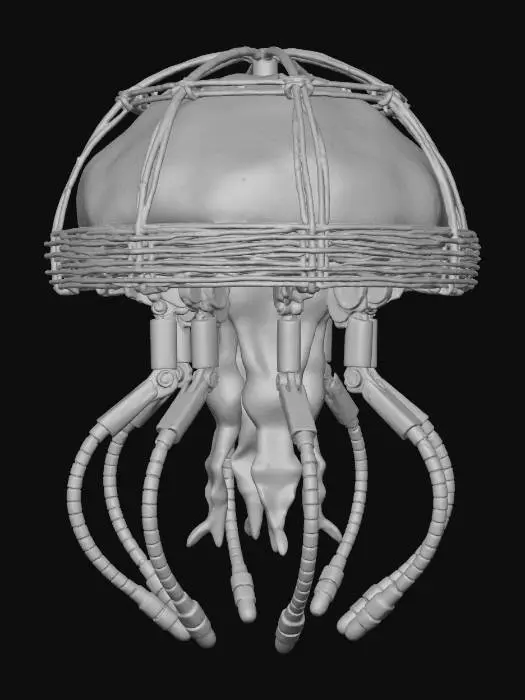 3D model for A **bio-luminescent mapping drone**, resembling a **translucent, bone-white jellyfish** with **dark, articulated robotic tentacles** ending in **iridescent silver sensors**. Its soft body pulses with **desaturated toxic green and deep magenta light**, illuminating **faded amber topographical overlays** projected onto nearby surfaces. **Woven synthetic reeds** in earthy tones form its primary frame. This **Wabi-sabi Cyberpunk scout** is an ethereal blend of organic form and advanced reconnaissance, vividly colored for unseen environments.