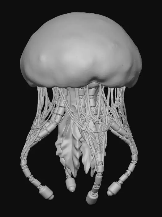 3D model for A **bio-luminescent mapping drone**, resembling a **translucent, bone-white jellyfish** with **dark, articulated robotic tentacles** ending in **iridescent silver sensors**. Its soft body pulses with **desaturated toxic green and deep magenta light**, illuminating **faded amber topographical overlays** projected onto nearby surfaces. **Woven synthetic reeds** in earthy tones form its primary frame. This **Wabi-sabi Cyberpunk scout** is an ethereal blend of organic form and advanced reconnaissance, vividly colored for unseen environments.
