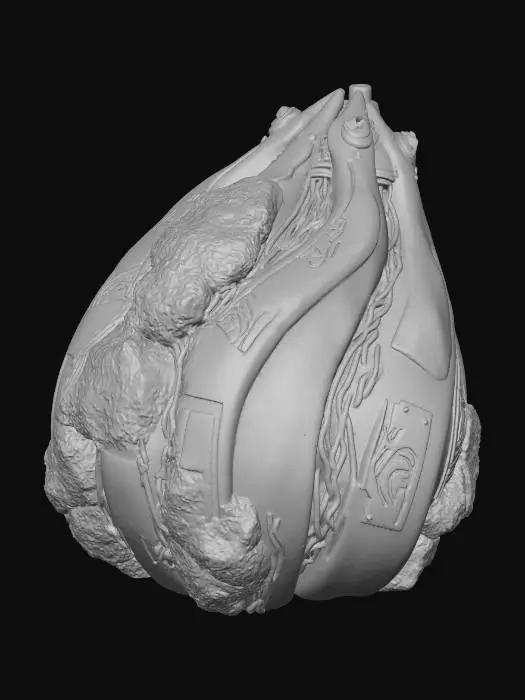 3D model for A **field terraforming device**, shaped like a **large, bone-white seed pod**, segmented with **dark, volcanic rock plating**. **Desaturated amber laser emitters** are positioned at its apex, while **pulsating cosmic violet energy conduits** trace its organic seams. **Faded lime green synthetic moss** subtly grows on its worn surfaces, blending with **etched copper tribal markings**. This **Wabi-sabi Cyberpunk tool** is a testament to remaking worlds, an imperfect blend of life and machine with vibrant low-saturation accents.