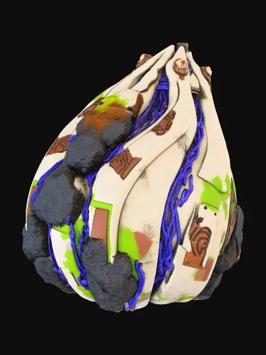 3D model for A **field terraforming device**, shaped like a **large, bone-white seed pod**, segmented with **dark, volcanic rock plating**. **Desaturated amber laser emitters** are positioned at its apex, while **pulsating cosmic violet energy conduits** trace its organic seams. **Faded lime green synthetic moss** subtly grows on its worn surfaces, blending with **etched copper tribal markings**. This **Wabi-sabi Cyberpunk tool** is a testament to remaking worlds, an imperfect blend of life and machine with vibrant low-saturation accents.