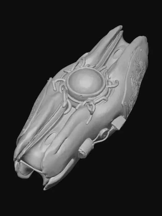 3D model for An **intricate bio-data harvester**, designed as a handheld **driftwood-like chassis** infused with **gleaming, dark ferrofluid channels** that flow in mesmerizing patterns. A central lens, crafted from **desaturated electric blue volcanic glass**, focuses energy, while **faded magenta and toxic green bioluminescent tendrils** gently pulse around its edges. Its surface is adorned with **intricate laser-etched tribal symbols** on **bone-colored ceramic inlays**. This **Wabi-sabi Cyberpunk tool** is a tactile blend of raw nature and sentient tech, vividly collecting unseen life.