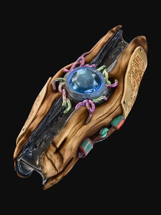 3D model for An **intricate bio-data harvester**, designed as a handheld **driftwood-like chassis** infused with **gleaming, dark ferrofluid channels** that flow in mesmerizing patterns. A central lens, crafted from **desaturated electric blue volcanic glass**, focuses energy, while **faded magenta and toxic green bioluminescent tendrils** gently pulse around its edges. Its surface is adorned with **intricate laser-etched tribal symbols** on **bone-colored ceramic inlays**. This **Wabi-sabi Cyberpunk tool** is a tactile blend of raw nature and sentient tech, vividly collecting unseen life.