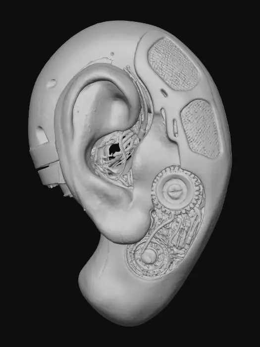 3D model for A **personal communication ear-piece**, resembling a **bone-colored, delicate organic implant** that nestles behind the ear. It's subtly fused with **dark, micro-mechanical components** and features a **tiny, desaturated electric blue data light** that flickers. **Faded amber and terracotta audio filters** are integrated, making this **Wabi-sabi Cyberpunk accessory** a discreet yet powerful piece of advanced, human-integrated tech with distinct, low-saturation hues.