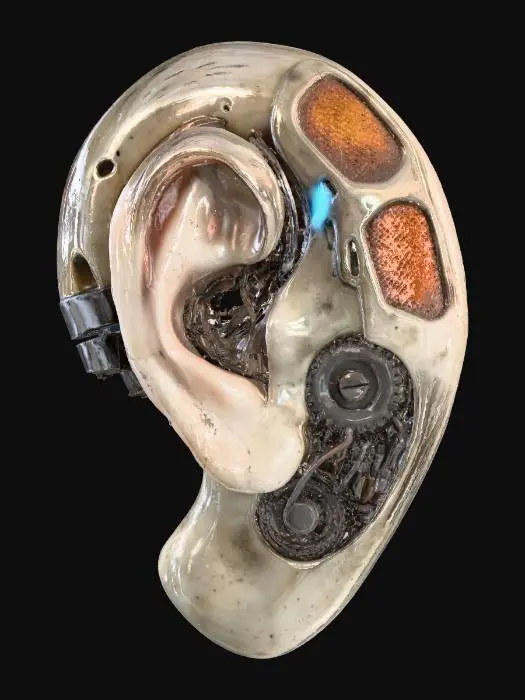 3D model for A **personal communication ear-piece**, resembling a **bone-colored, delicate organic implant** that nestles behind the ear. It's subtly fused with **dark, micro-mechanical components** and features a **tiny, desaturated electric blue data light** that flickers. **Faded amber and terracotta audio filters** are integrated, making this **Wabi-sabi Cyberpunk accessory** a discreet yet powerful piece of advanced, human-integrated tech with distinct, low-saturation hues.