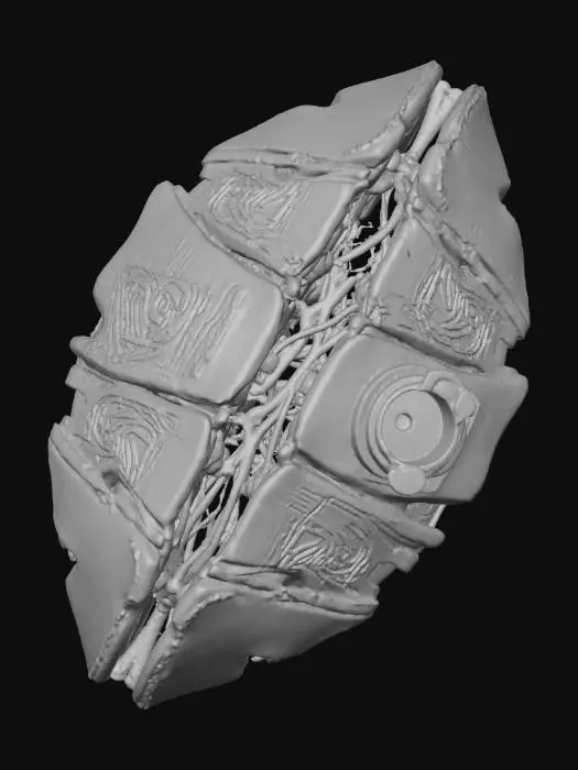 3D model for A **portable solar recharger**, a compact unit with **bone-colored, segmented panels** that fold out like a desiccated leaf. **Dark graphite internal wiring** is visible, leading to a **desaturated indigo power outlet**. **Faded ochre and crimson tribal patterns** are etched into its surface, making this **Wabi-sabi Cyberpunk device** a lifeline of renewable energy, blending natural form with vital tech.