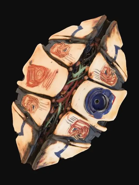 3D model for A **portable solar recharger**, a compact unit with **bone-colored, segmented panels** that fold out like a desiccated leaf. **Dark graphite internal wiring** is visible, leading to a **desaturated indigo power outlet**. **Faded ochre and crimson tribal patterns** are etched into its surface, making this **Wabi-sabi Cyberpunk device** a lifeline of renewable energy, blending natural form with vital tech.