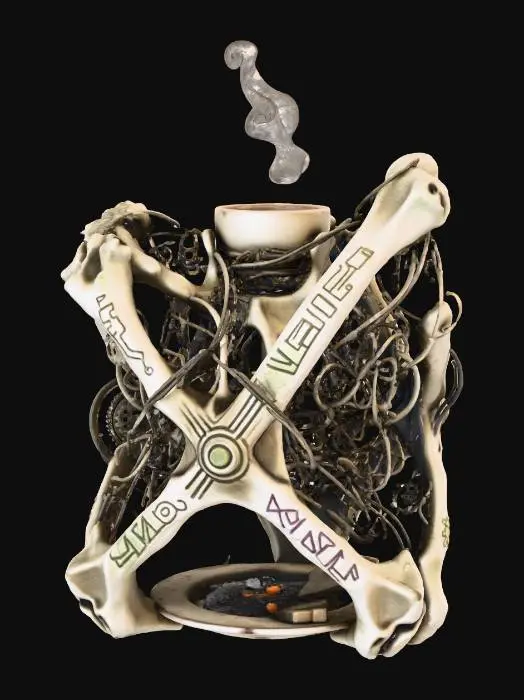 3D model for A **ritualistic incense burner**, designed as a **bone-colored, skeletal structure** of interwoven composite and **dark bronze filigree**, mimicking a dried floral form. **Desaturated amber smoke** curls from its apex, accented by **faded olive and muted aubergine carvings**. This **Wabi-sabi Cyberpunk object** blends ancient spiritual practice with salvaged tech, a powerful symbol of enduring faith and a rich, low-saturation palette.