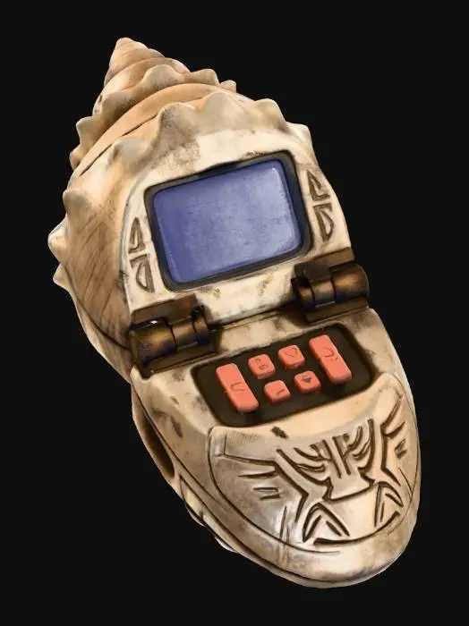 3D model for A **rugged personal data terminal**, its clamshell design featuring **bone-colored, textured plating** resembling a fossilized shell. **Dark bronze hinges** and a **desaturated indigo screen** are integrated, with **faded terracotta function keys**. Its surface has **intricate tribal etchings** and signs of heavy use, defining a **Wabi-sabi Cyberpunk aesthetic** of enduring knowledge and a strong **humanistic narrative tension**.