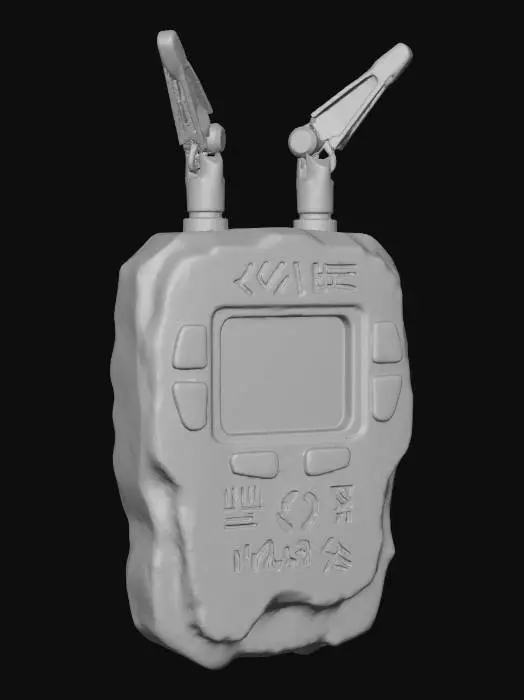 3D model for A **rugged portable comms unit**, housed in a **bone-white, rock-like casing** with **heavy, dark pewter mechanical antennae** extending organically. Its screen is a simple, **desaturated indigo display**, framed by **faded terracotta and cyan buttons**. Visible wear and **tribal glyphs** etched into the surface convey a sense of **Wabi-sabi Cyberpunk utility**, a resilient link in a harsh world, with a compelling **narrative tension**.
