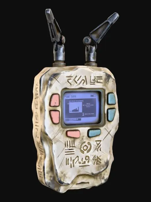 3D model for A **rugged portable comms unit**, housed in a **bone-white, rock-like casing** with **heavy, dark pewter mechanical antennae** extending organically. Its screen is a simple, **desaturated indigo display**, framed by **faded terracotta and cyan buttons**. Visible wear and **tribal glyphs** etched into the surface convey a sense of **Wabi-sabi Cyberpunk utility**, a resilient link in a harsh world, with a compelling **narrative tension**.