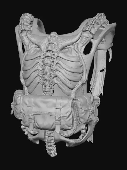 3D model for An ornate, **skeletal backpack frame**, constructed from **dark, weathered metal** with **bone-colored composite sections** that mimic vertebrae and ribs. Designed to carry essential gear, it features **faded ochre-yellow canvas pouches** and a subtle **desaturated indigo utility strap**. The frame's exposed, **bio-art inspired structure** provides a rugged, ritualistic, yet stylistically conscious appearance with a diverse, low-saturation palette, embodying **Wabi-sabi design principles**.