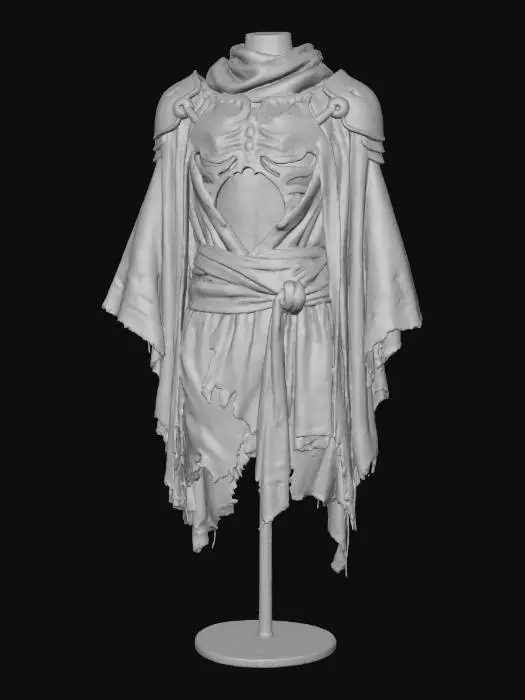 3D model for A layered desert cloak, draped over a torso with exposed bio-art inspired skeletal-tech plating in bone-white and faded ochre, connected by dark pewter joints. Sinuous, organic forms define the armor. A vibrant yet desaturated indigo sash cinches the waist, with subtle crimson and deep olive fabric patches. This ensemble marries natural-tech structure with ritualistic flair and a diverse, low-saturation palette.