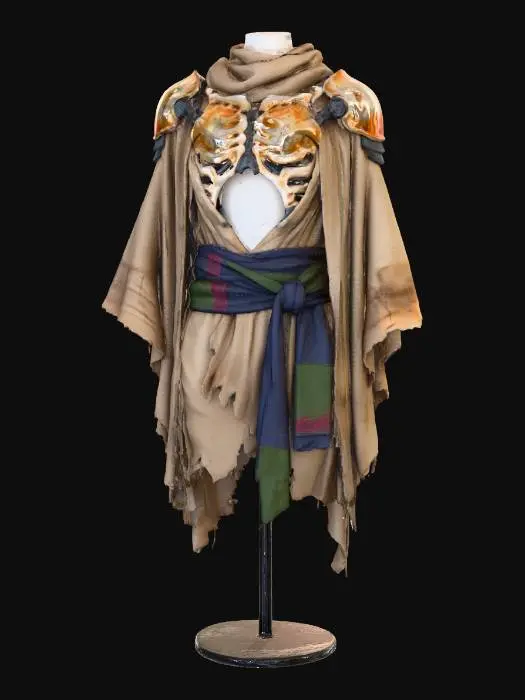 3D model for A layered desert cloak, draped over a torso with exposed bio-art inspired skeletal-tech plating in bone-white and faded ochre, connected by dark pewter joints. Sinuous, organic forms define the armor. A vibrant yet desaturated indigo sash cinches the waist, with subtle crimson and deep olive fabric patches. This ensemble marries natural-tech structure with ritualistic flair and a diverse, low-saturation palette.