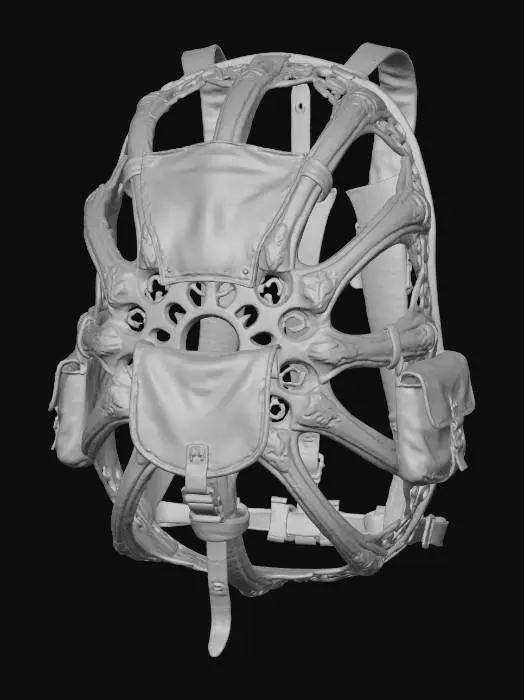 3D model for An ornate, skeletal backpack frame, constructed from dark, weathered metal and bone-colored composite, designed to carry essential gear. Sections of faded olive-drab canvas are attached, alongside a subtle desaturated rose-pink utility pouch. The frame's exposed, radial structure and unique color blend provide a rugged, ritualistic, yet stylistically conscious appearance.