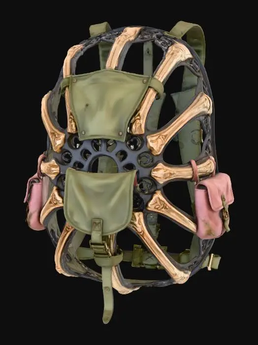 3D model for An ornate, skeletal backpack frame, constructed from dark, weathered metal and bone-colored composite, designed to carry essential gear. Sections of faded olive-drab canvas are attached, alongside a subtle desaturated rose-pink utility pouch. The frame's exposed, radial structure and unique color blend provide a rugged, ritualistic, yet stylistically conscious appearance.