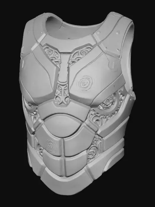 3D model for A high-tech tribal chest piece, formed from layers of dark bronze and muted terracotta plating with exposed skeletal-like internal workings. Subtle golden accents trace sacred radial patterns, while delicate cerise glow emanates from vents. This worn yet robust armor piece blends ancient protective symbolism with futuristic design, offering a unique, low-saturation fashion statement.