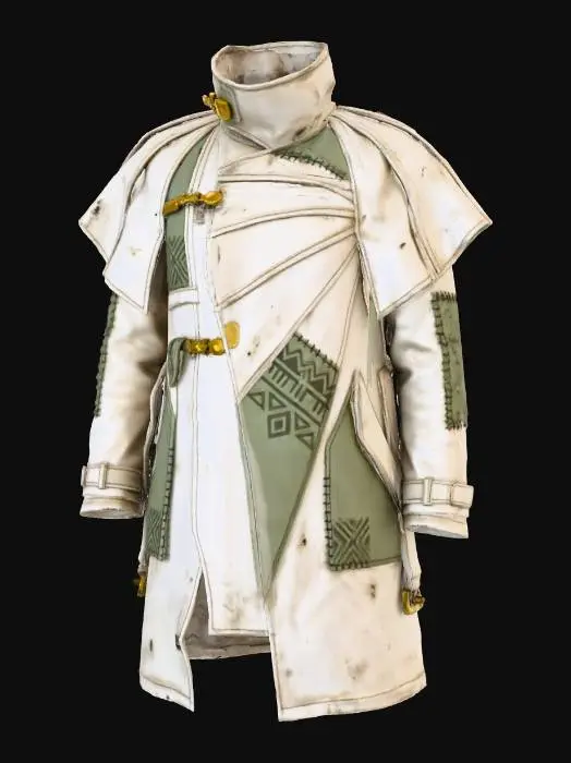 3D model for A rugged, asymmetric trench coat of distressed off-white canvas, featuring a high, structured collar and segmented paneling that subtly radiates from the shoulders. Dark, geometric tribal symbols are screen-printed on reinforced muted-green sections, accented by tarnished gold-plated clasps and visible, heavy-duty stitching, creating a functional yet iconic and stylish silhouette.