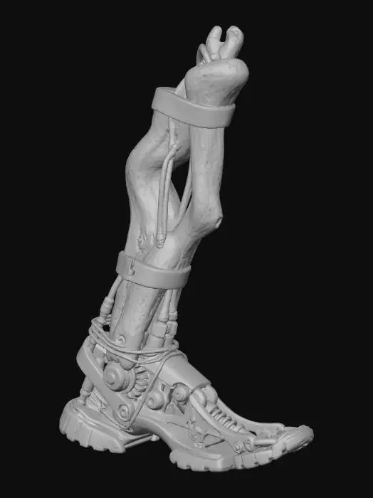 3D model for A **modular prosthetic leg**, its main shaft an **organically curved pale driftwood log** reinforced with **light grey recycled plastic bands** and **exposed bright blue hydraulic lines**. The foot is a **skeletal, articulated titanium structure** with **worn rubberized pads**, adorned with **faded geometric etchings** and **thin, braided synthetic cords**, blending natural form with advanced mobility.