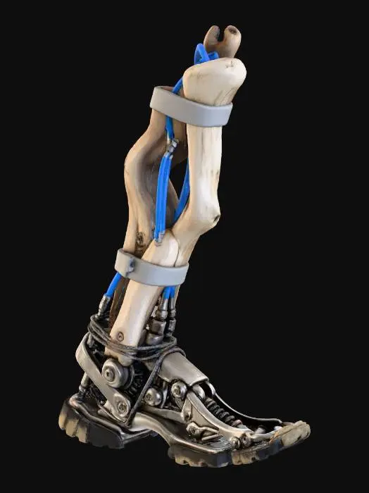 3D model for A **modular prosthetic leg**, its main shaft an **organically curved pale driftwood log** reinforced with **light grey recycled plastic bands** and **exposed bright blue hydraulic lines**. The foot is a **skeletal, articulated titanium structure** with **worn rubberized pads**, adorned with **faded geometric etchings** and **thin, braided synthetic cords**, blending natural form with advanced mobility.