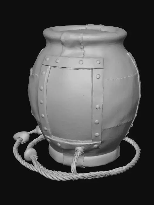 3D model for A **portable bio-reactor**, an **uneven, salvaged ceramic pot** in **pale grey**, heavily patched with **light taupe canvas** and **riveted aluminum strips**. It features a **translucent, bubbling green bio-liquid chamber** with **glowing cyan filaments**. A **braided hemp power cable** extends, accented by **small, polished river stones**, a rustic yet vital energy source.