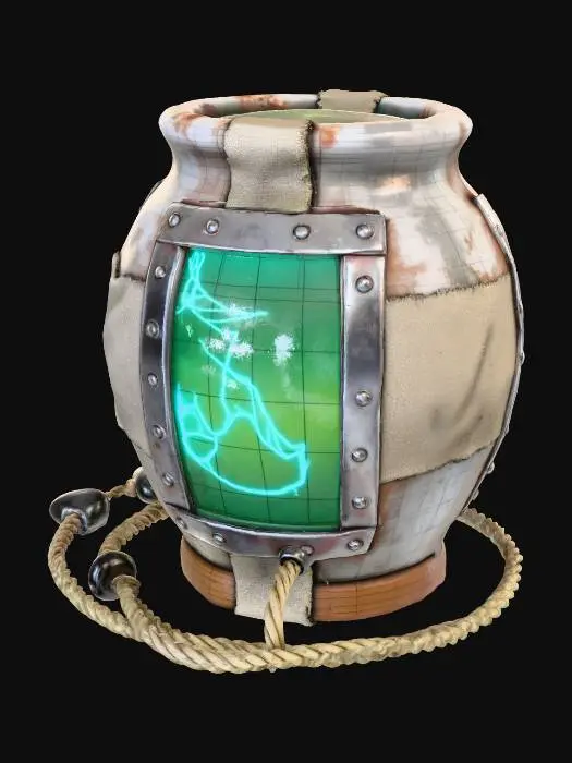 3D model for A **portable bio-reactor**, an **uneven, salvaged ceramic pot** in **pale grey**, heavily patched with **light taupe canvas** and **riveted aluminum strips**. It features a **translucent, bubbling green bio-liquid chamber** with **glowing cyan filaments**. A **braided hemp power cable** extends, accented by **small, polished river stones**, a rustic yet vital energy source.