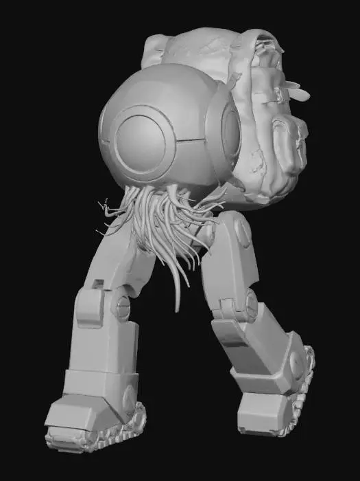 3D model for A **"Santa's Heart-Engine" Automaton**, a massive, walking construct. Its lower body and legs are robust, built from **rough concrete** and **oxidized copper**, adorned with **faded teal tribal markings**. Its upper torso is a central **bone-white ceramic sphere**, housing a glowing **dried rose pink core** that powers its movements. From this core, gentle **pale electric blue energy lines** extend, resembling a comforting beard. A large, **sand-colored canvas** sack is integrated into its back, ready for timeless gifts. #Christmas2025#