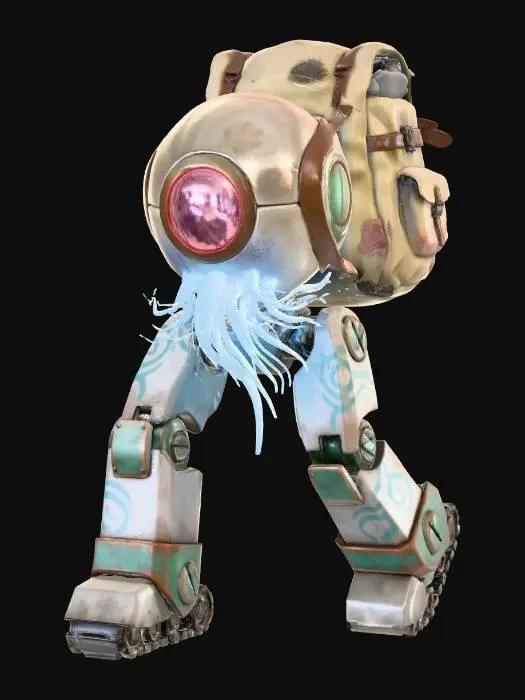3D model for A **"Santa's Heart-Engine" Automaton**, a massive, walking construct. Its lower body and legs are robust, built from **rough concrete** and **oxidized copper**, adorned with **faded teal tribal markings**. Its upper torso is a central **bone-white ceramic sphere**, housing a glowing **dried rose pink core** that powers its movements. From this core, gentle **pale electric blue energy lines** extend, resembling a comforting beard. A large, **sand-colored canvas** sack is integrated into its back, ready for timeless gifts. #Christmas2025#