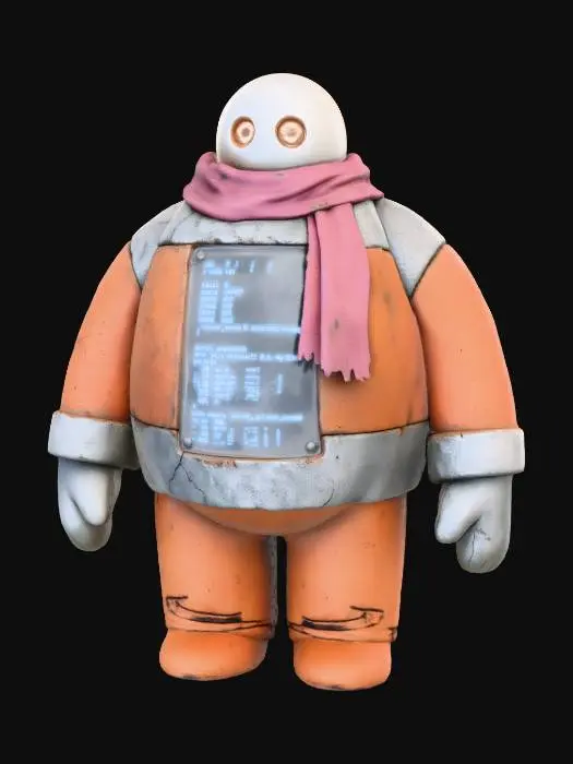 3D model for A **"Santa's Memory Vessel" Automaton**, a large, barrel-chested automaton made of **terracotta** and **rough concrete**, forming a robust Santa-like torso. Its chest cavity reveals a transparent panel of **recycled plastic**, behind which **pale electric blue data scrolls** continuously. Its head is a **bone-white ceramic sphere** with a benevolent **burnt orange glow** emanating from abstract "eyes," draped with a **dried rose pink canvas** scarf, a keeper of ancient holiday memories. #Christmas2025#