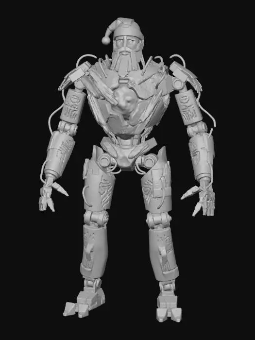 3D model for A **"Santa's Heart Core" Guardian**, a central, pulsating orb of **dried rose pink light** encased within a protective shell of **driftwood** and **rough concrete**, forming the abstract chest of a Santa entity. Radiating from it are segmented limbs of **oxidized copper** and **recycled plastic**, etched with **burnt orange tribal runes**. **Pale electric blue energy conduits** snake across its surface, creating a benevolent yet mechanically fragmented guardian of festive spirit. #Christmas2025#