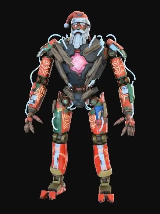 3D model for A **"Santa's Heart Core" Guardian**, a central, pulsating orb of **dried rose pink light** encased within a protective shell of **driftwood** and **rough concrete**, forming the abstract chest of a Santa entity. Radiating from it are segmented limbs of **oxidized copper** and **recycled plastic**, etched with **burnt orange tribal runes**. **Pale electric blue energy conduits** snake across its surface, creating a benevolent yet mechanically fragmented guardian of festive spirit. #Christmas2025#