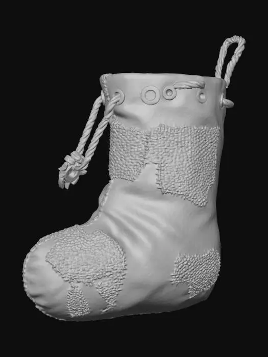 3D model for A **"Christmas Stocking" Utility Pouch**, a large, **patched sand-colored canvas sack** hand-stitched with **bone-white thread** and accented with **recycled plastic** segments. It features discreet, **glowing desaturated fuchsia data ports** near its top opening, framed by **oxidized copper** details. A **dark bronze tribal charm** and **braided deep indigo cords** complete this hopeful, worn vessel. #Christmas2025#