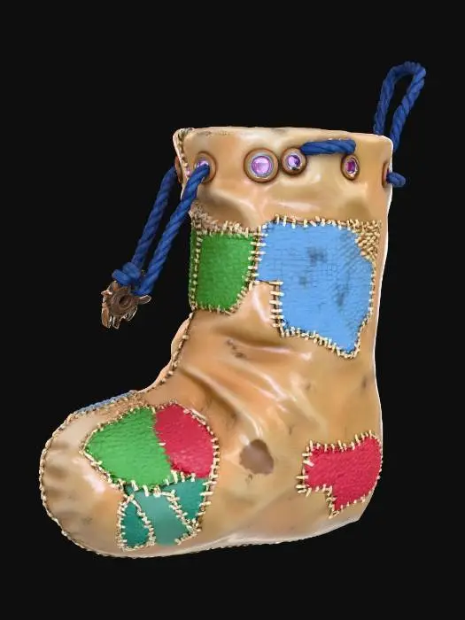 3D model for A **"Christmas Stocking" Utility Pouch**, a large, **patched sand-colored canvas sack** hand-stitched with **bone-white thread** and accented with **recycled plastic** segments. It features discreet, **glowing desaturated fuchsia data ports** near its top opening, framed by **oxidized copper** details. A **dark bronze tribal charm** and **braided deep indigo cords** complete this hopeful, worn vessel. #Christmas2025#