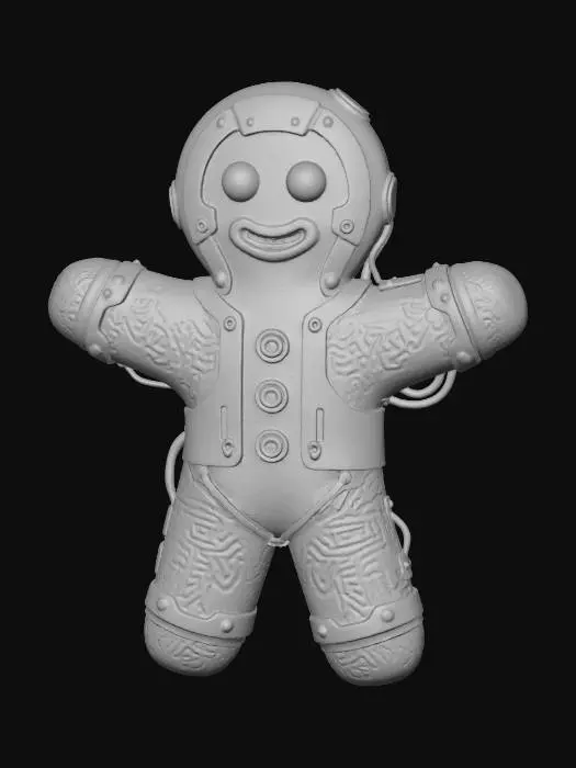 3D model for A **"Gingerbread Man" Data Figurine**, a weathered, **sand-colored canvas figure**, explicitly shaped like a classic gingerbread man, with **oxidized copper plating** details. Its "eyes" are **glowing pale electric blue LEDs**, and its "buttons" are **small, bone-white ceramic discs**. Intricate **desaturated fuchsia tribal patterns** adorn its surface, depicting festive folklore amidst a fragile, data-driven existence. #Christmas2025#