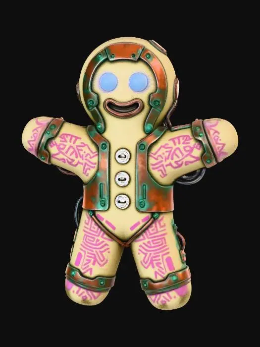 3D model for A **"Gingerbread Man" Data Figurine**, a weathered, **sand-colored canvas figure**, explicitly shaped like a classic gingerbread man, with **oxidized copper plating** details. Its "eyes" are **glowing pale electric blue LEDs**, and its "buttons" are **small, bone-white ceramic discs**. Intricate **desaturated fuchsia tribal patterns** adorn its surface, depicting festive folklore amidst a fragile, data-driven existence. #Christmas2025#