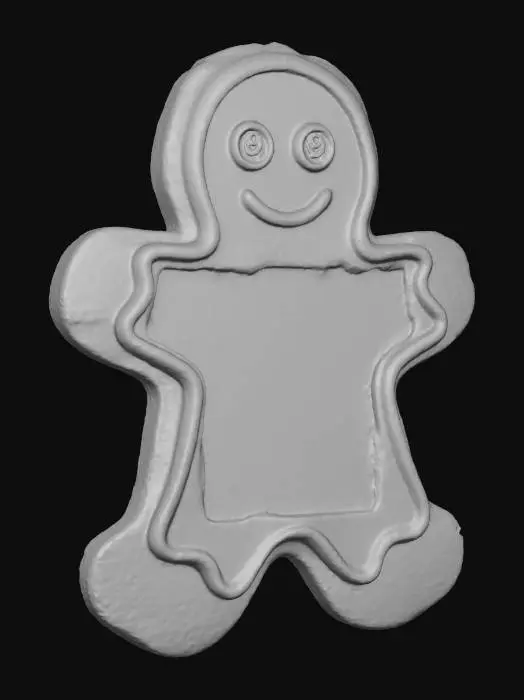 3D model for A **"Gingerbread Cookie" Data Slate**, a **flat, irregular slab** of **rough, baked pale ochre ceramic composite**, explicitly shaped like a **gingerbread cookie**. Its surface glows with a **warm, desaturated amber e-ink display**, outlined by **bright rose-pink light strips** resembling icing. **Darkened brass buttons** form facial features, a cherished festive information tablet. #Christmas2025#