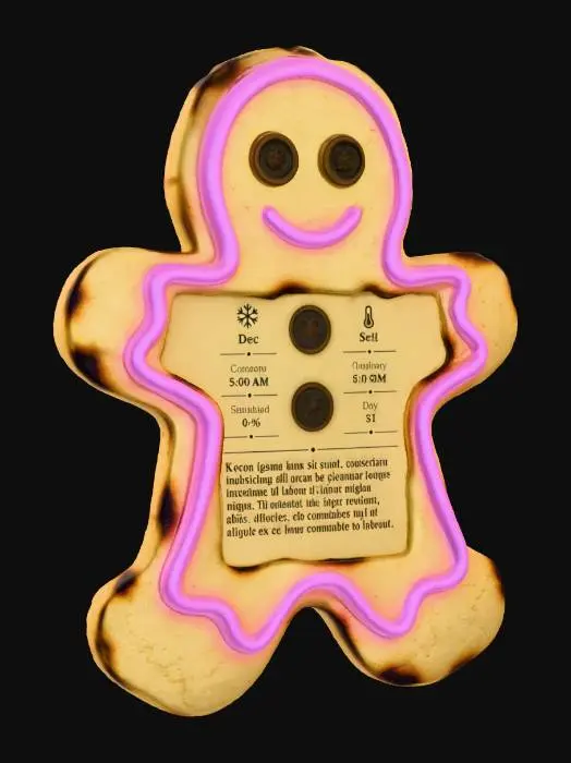3D model for A **"Gingerbread Cookie" Data Slate**, a **flat, irregular slab** of **rough, baked pale ochre ceramic composite**, explicitly shaped like a **gingerbread cookie**. Its surface glows with a **warm, desaturated amber e-ink display**, outlined by **bright rose-pink light strips** resembling icing. **Darkened brass buttons** form facial features, a cherished festive information tablet. #Christmas2025#