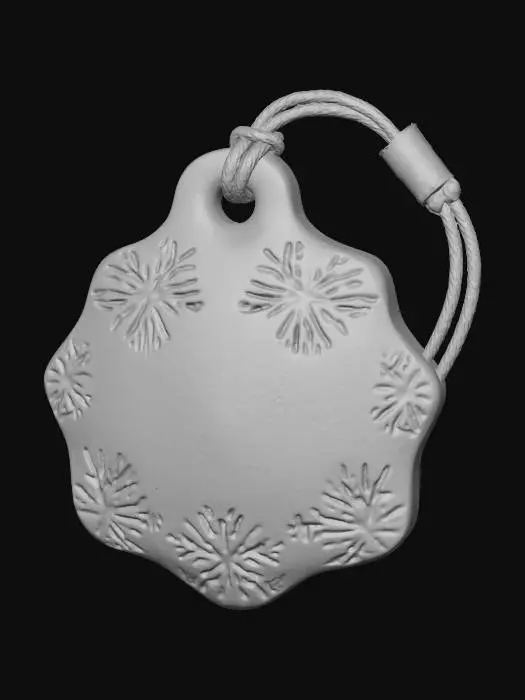 3D model for A **"Gift Tag" Personal ID**, an **asymmetric, bone-white ceramic tag**, explicitly shaped like a **festive gift tag**, etched with **tribal snowflake patterns**. Its center glows with a **soft, pulsating desaturated fuchsia light**, displaying owner data. Attached by a **thin, braided rose-pink synthetic cord** and a **small, tarnished gold clasp**, a personal festive identifier. #Christmas2025#
