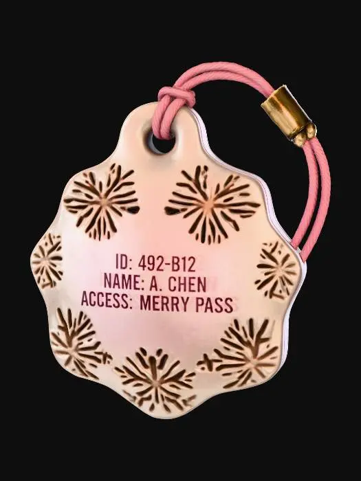 3D model for A **"Gift Tag" Personal ID**, an **asymmetric, bone-white ceramic tag**, explicitly shaped like a **festive gift tag**, etched with **tribal snowflake patterns**. Its center glows with a **soft, pulsating desaturated fuchsia light**, displaying owner data. Attached by a **thin, braided rose-pink synthetic cord** and a **small, tarnished gold clasp**, a personal festive identifier. #Christmas2025#