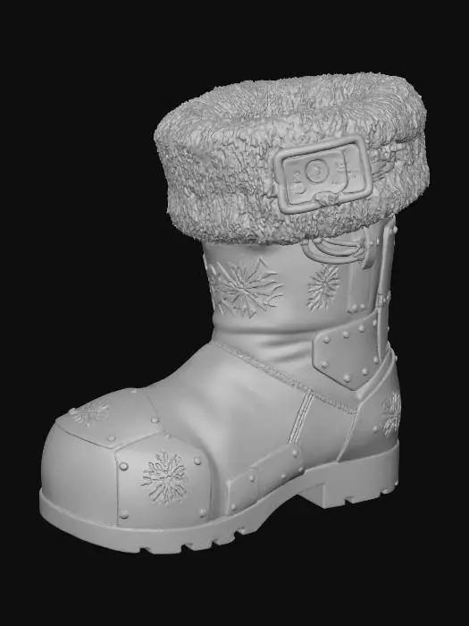 3D model for A **"Santa's Boot" storage unit**, an **asymmetric, worn khaki leather boot**, reinforced with **dark bronze plating** and **riveted, recycled plastic panels**. Its top opening is lined with **faded rose-pink synthetic fur**, concealing a **complex, glowing amber digital lock**. Etched **tribal glyphs of snowflakes** cover its surface, a cherished festive storage. #Christmas2025#