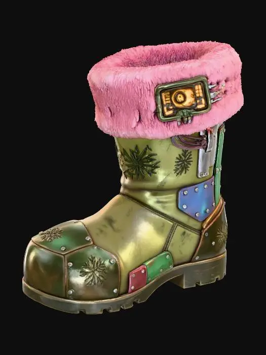 3D model for A **"Santa's Boot" storage unit**, an **asymmetric, worn khaki leather boot**, reinforced with **dark bronze plating** and **riveted, recycled plastic panels**. Its top opening is lined with **faded rose-pink synthetic fur**, concealing a **complex, glowing amber digital lock**. Etched **tribal glyphs of snowflakes** cover its surface, a cherished festive storage. #Christmas2025#