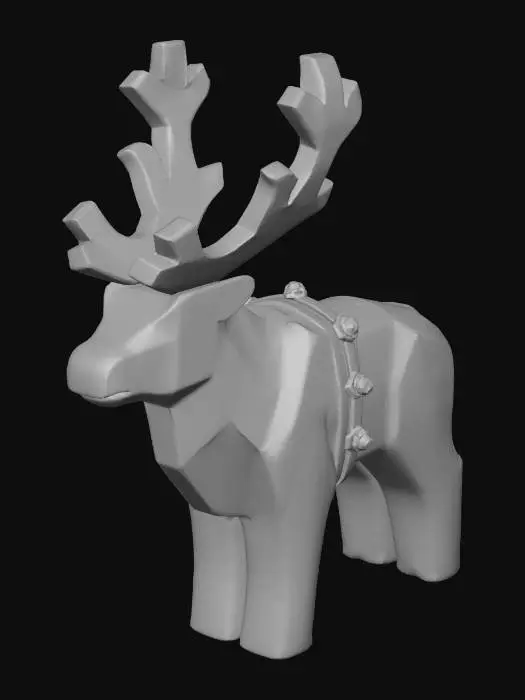 3D model for A classic, abstract reindeer, sculpted from smooth, uncolored fine stone. Its streamlined body and head are a uniform **warm clay grey**, with striking, large **white birch** blocks forming its majestic, stylized antlers. **A minimalist harness in a dark leather brown** is integrated over its back, featuring **small, abstract sleigh bells in a dull bronze**. A small, distinct, rounded block of **deep terracotta** indicates its nose. The form is highly generalized, volumetric, and composed of clean, hard-edged planes, embodying the quiet strength and harnessed magic of a "White Christmas" creature. #Christmas2025#