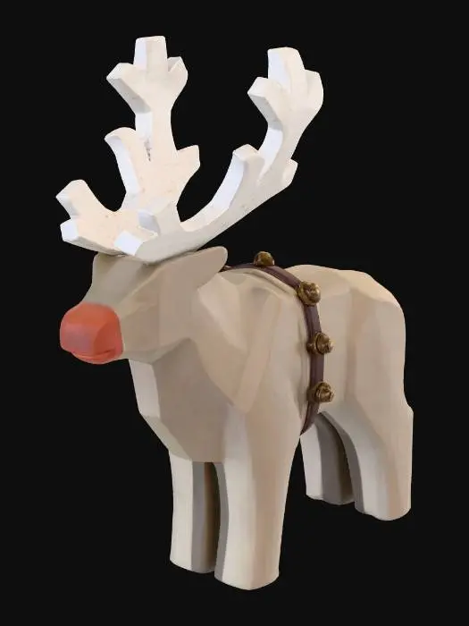 3D model for A classic, abstract reindeer, sculpted from smooth, uncolored fine stone. Its streamlined body and head are a uniform **warm clay grey**, with striking, large **white birch** blocks forming its majestic, stylized antlers. **A minimalist harness in a dark leather brown** is integrated over its back, featuring **small, abstract sleigh bells in a dull bronze**. A small, distinct, rounded block of **deep terracotta** indicates its nose. The form is highly generalized, volumetric, and composed of clean, hard-edged planes, embodying the quiet strength and harnessed magic of a "White Christmas" creature. #Christmas2025#