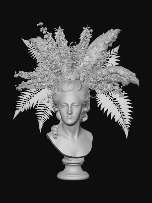 3D model for A large bronze bust of Marie Antoinette. Her famous large hair is re-imagined as a massive, disordered cascade of multi-colored delphiniums, pampas grass, and several large blue fronds, with subtle LEDs integrated.
